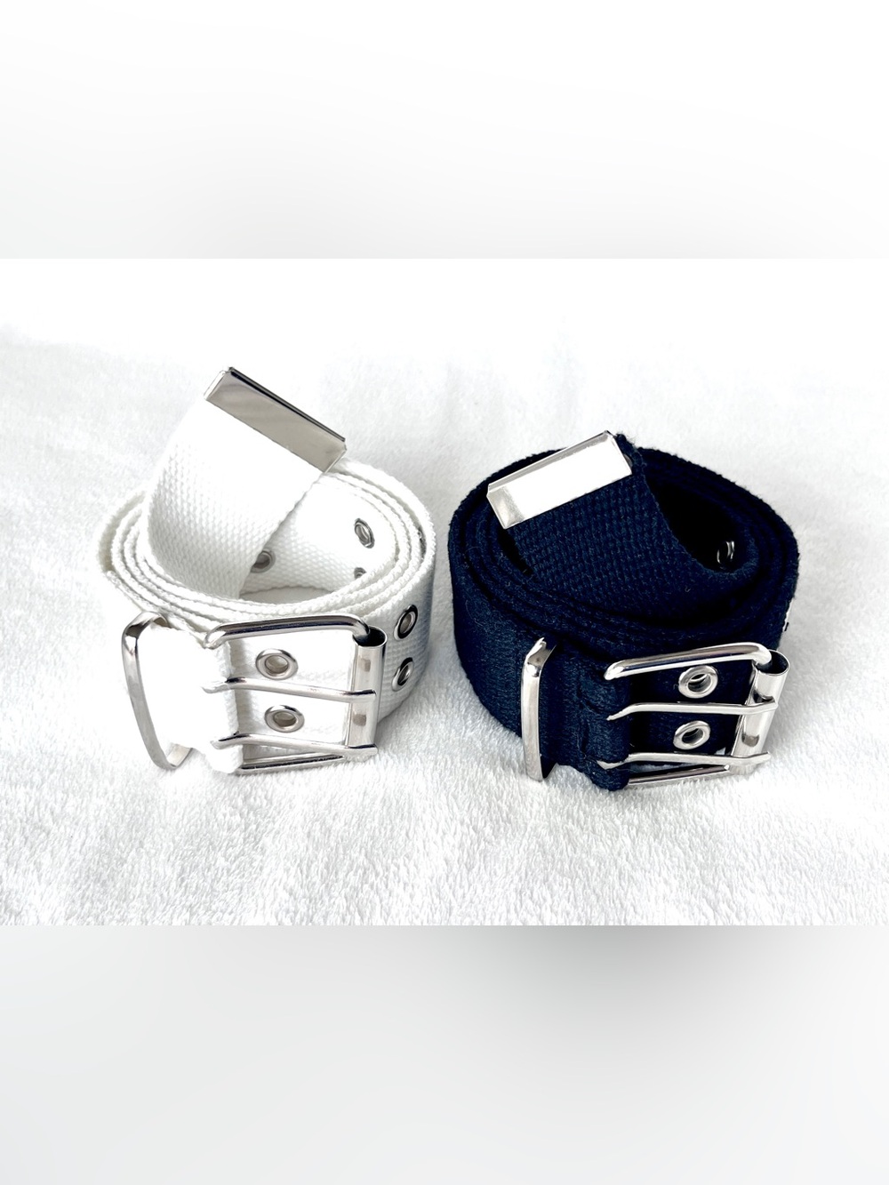Set of 2 Black White Double Grommet Canvas Web Belts Silver Buckle NWT S